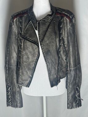 Vintage- Inspired Womens Distressed Black Moto Jacket with Red Trim